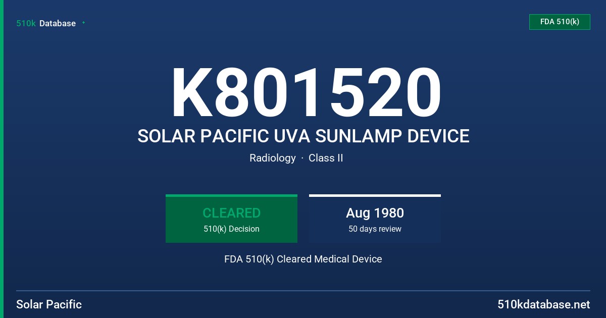 K801520 SOLAR PACIFIC UVA SUNLAMP DEVICE FDA 510(k) Cleared Medical Device