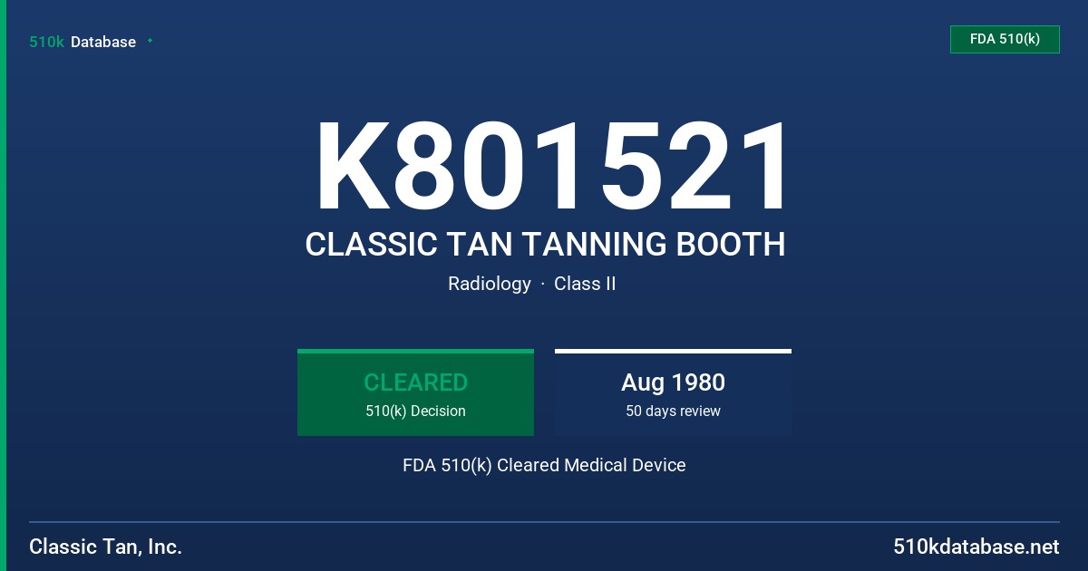 K801521 CLASSIC TAN TANNING BOOTH FDA 510(k) Cleared Medical Device
