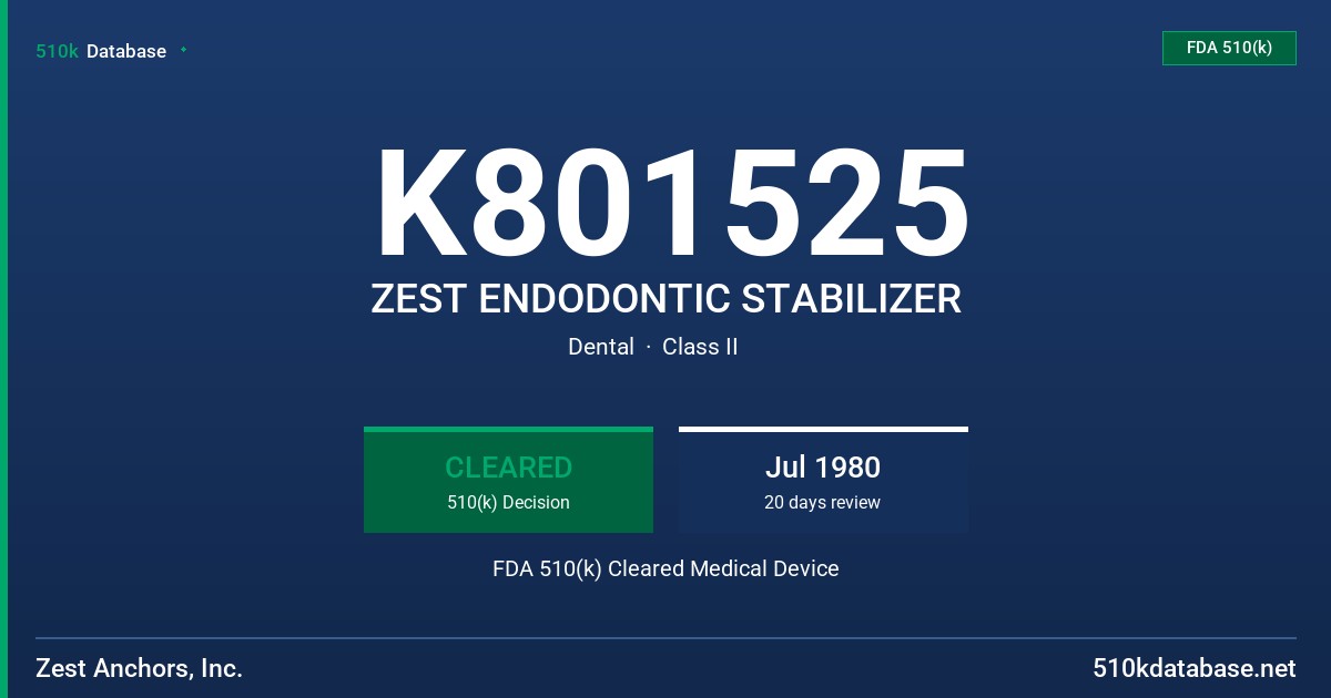 K801525 ZEST ENDODONTIC STABILIZER FDA 510(k) Cleared Medical Device