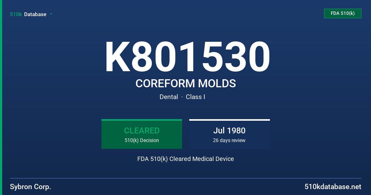 K801530 COREFORM MOLDS FDA 510(k) Cleared Medical Device