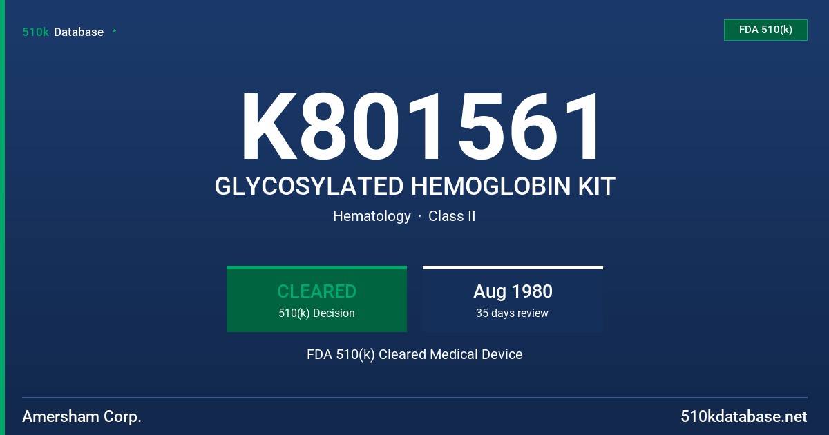 K801561 GLYCOSYLATED HEMOGLOBIN KIT FDA 510(k) Cleared Medical Device