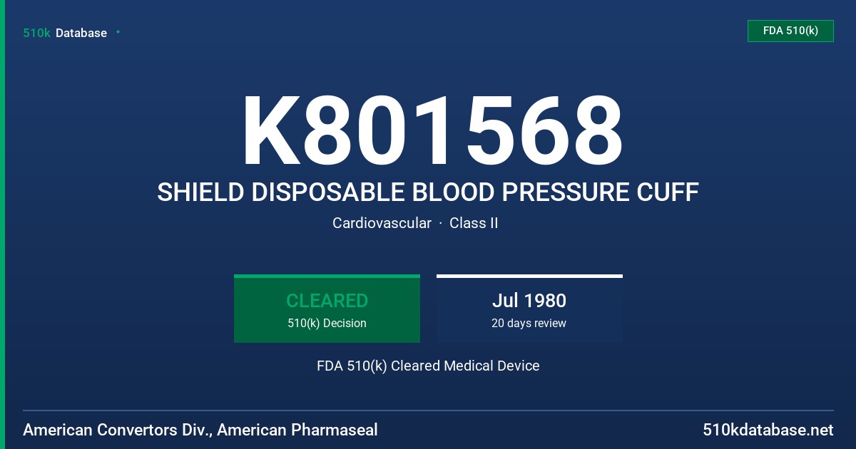 K801568 SHIELD DISPOSABLE BLOOD PRESSURE CUFF FDA 510(k) Cleared Medical Device