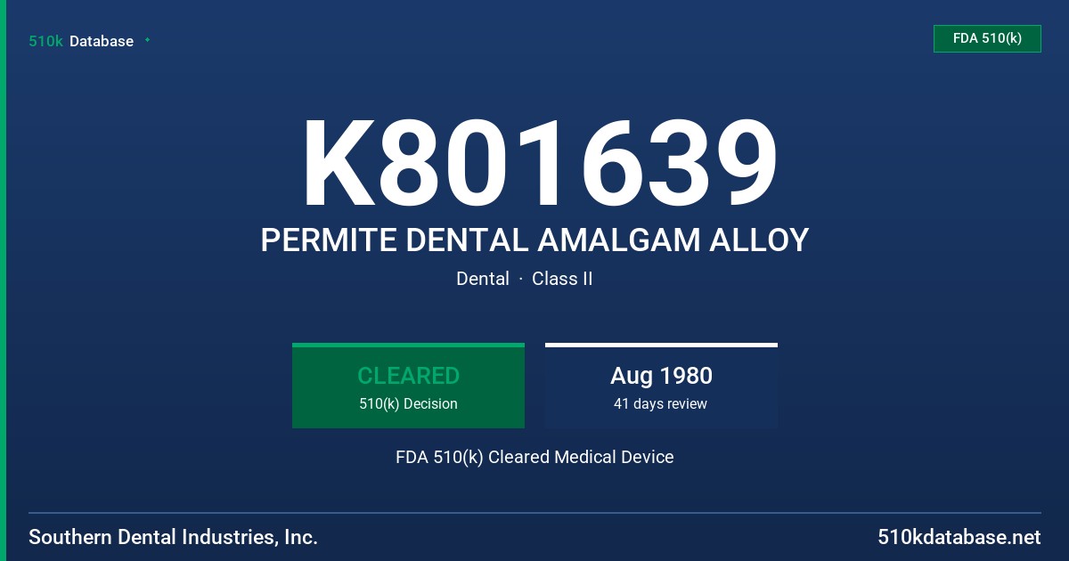 K801639 PERMITE DENTAL AMALGAM ALLOY FDA 510(k) Cleared Medical Device