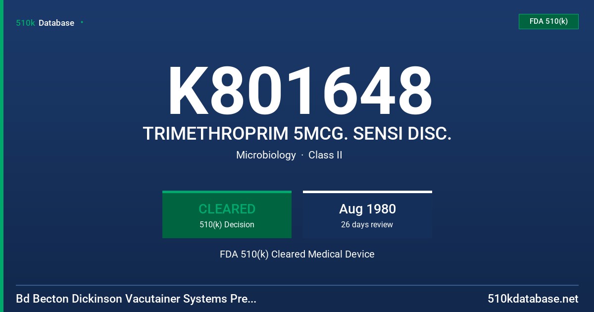 K801648 TRIMETHROPRIM 5MCG. SENSI DISC. FDA 510(k) Cleared Medical Device