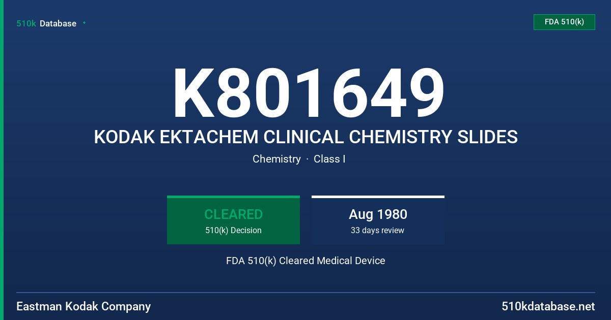 K801649 KODAK EKTACHEM CLINICAL CHEMISTRY SLIDES FDA 510(k) Cleared Medical Device