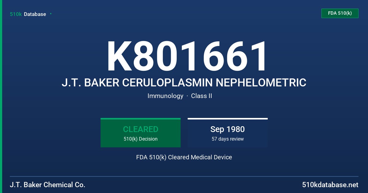K801661 J.T. BAKER CERULOPLASMIN NEPHELOMETRIC FDA 510(k) Cleared Medical Device