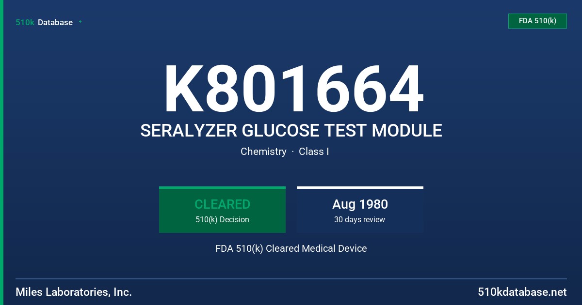 K801664 SERALYZER GLUCOSE TEST MODULE FDA 510(k) Cleared Medical Device