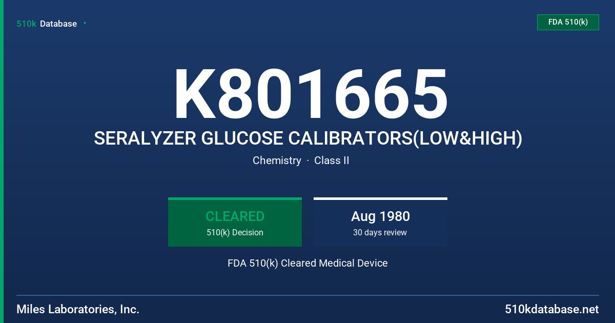K801665 SERALYZER GLUCOSE CALIBRATORS(LOW&HIGH) FDA 510(k) Cleared Medical Device
