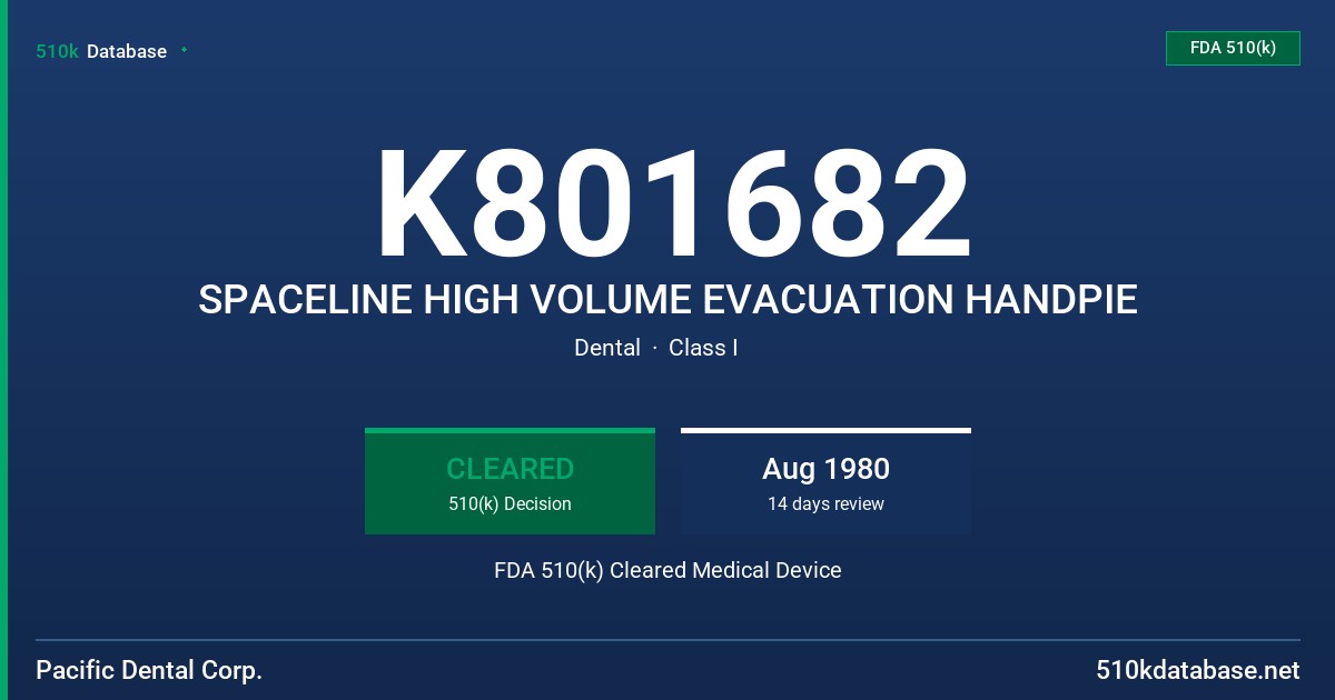 K801682 SPACELINE HIGH VOLUME EVACUATION HANDPIE FDA 510(k) Cleared Medical Device