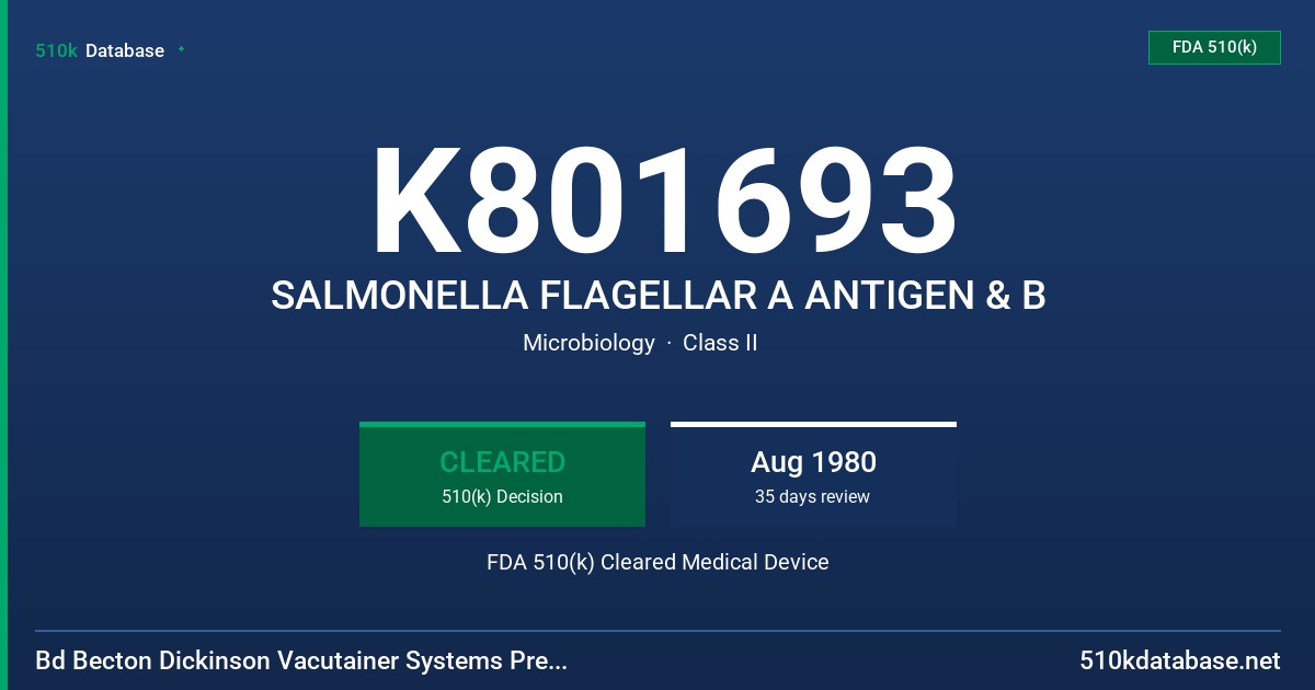 K801693 SALMONELLA FLAGELLAR A ANTIGEN & B FDA 510(k) Cleared Medical Device
