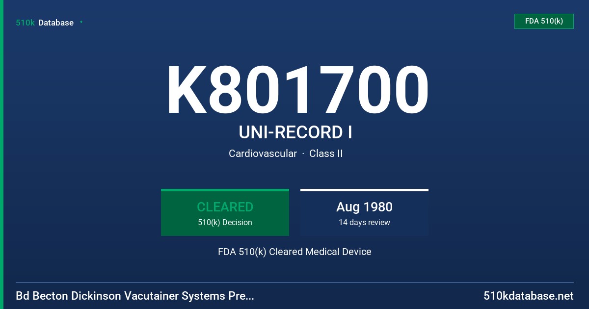 K801700 UNI-RECORD I FDA 510(k) Cleared Medical Device