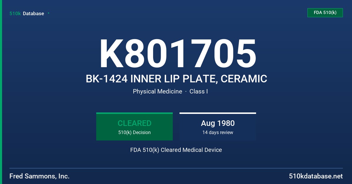 K801705 BK-1424 INNER LIP PLATE, CERAMIC FDA 510(k) Cleared Medical Device
