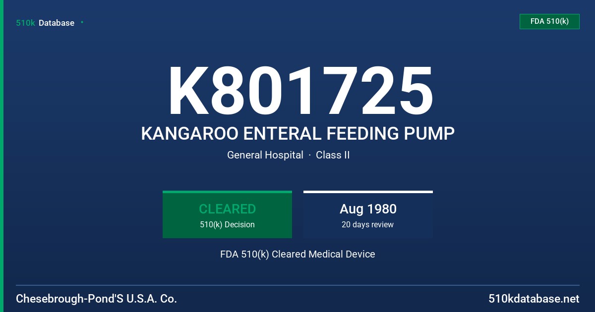 K801725 KANGAROO ENTERAL FEEDING PUMP FDA 510(k) Cleared Medical Device