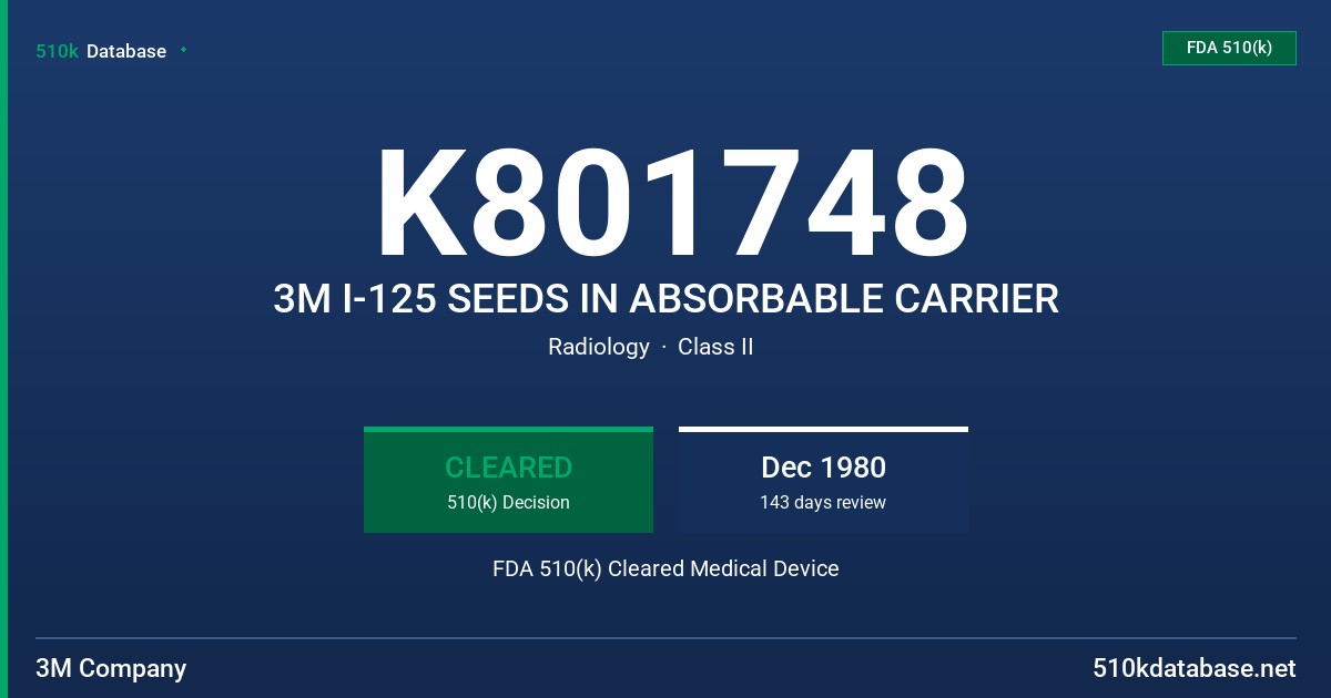 K801748 3M I-125 SEEDS IN ABSORBABLE CARRIER FDA 510(k) Cleared Medical Device