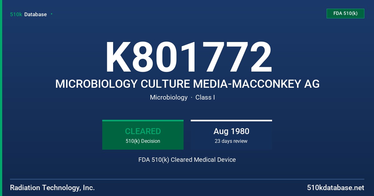 K801772 MICROBIOLOGY CULTURE MEDIA-MACCONKEY AG FDA 510(k) Cleared Medical Device