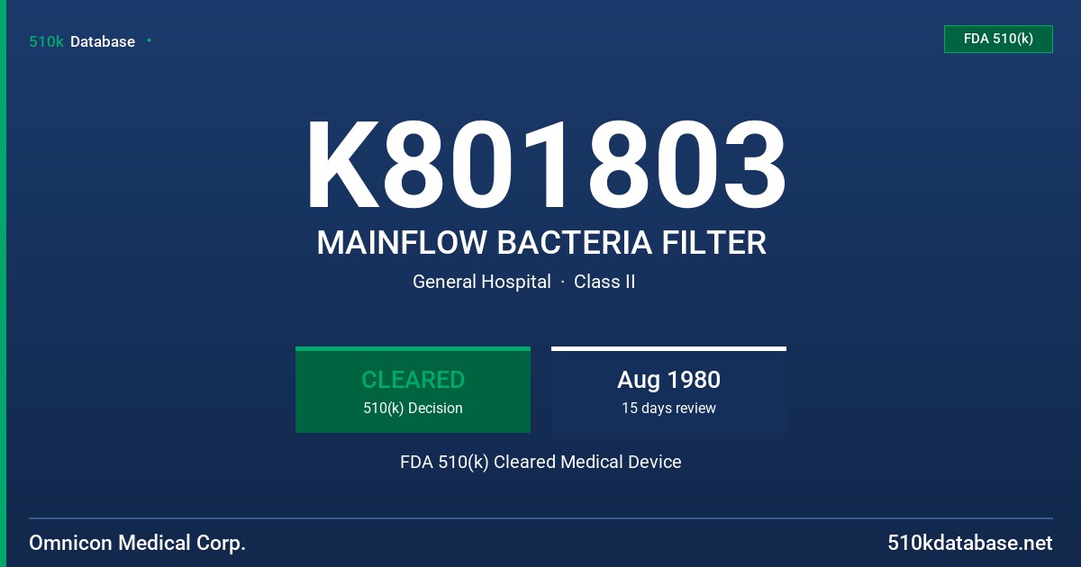 K801803 MAINFLOW BACTERIA FILTER FDA 510(k) Cleared Medical Device