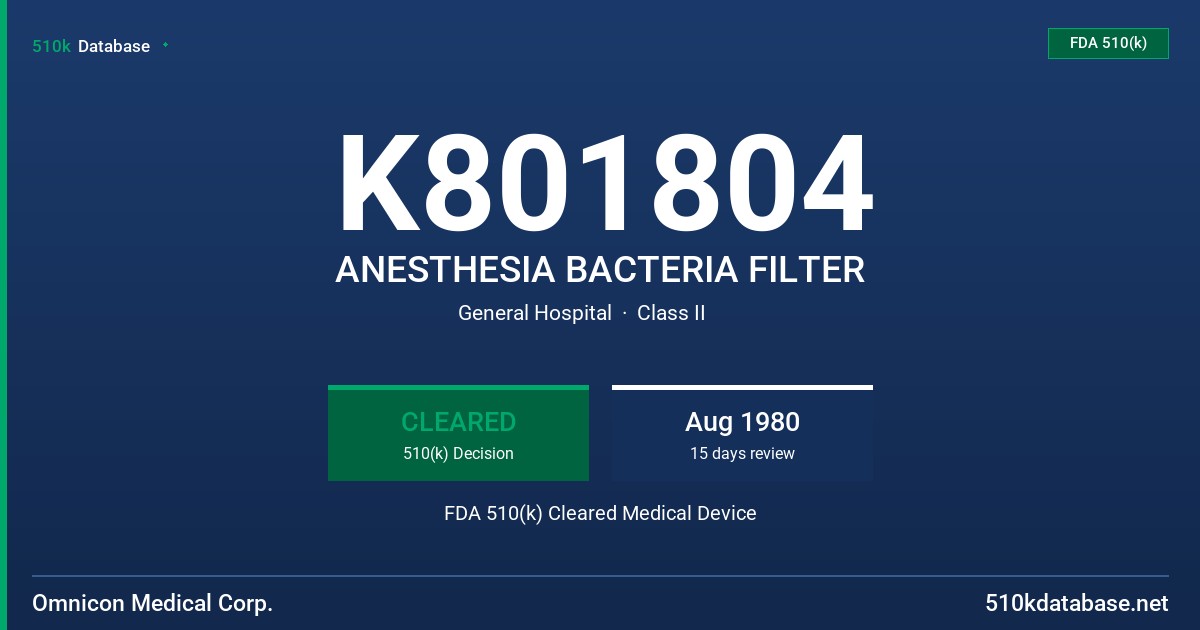 K801804 ANESTHESIA BACTERIA FILTER FDA 510(k) Cleared Medical Device