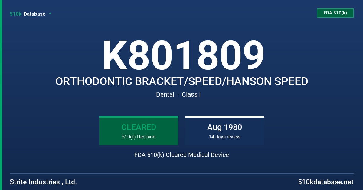 K801809 ORTHODONTIC BRACKET/SPEED/HANSON SPEED FDA 510(k) Cleared Medical Device