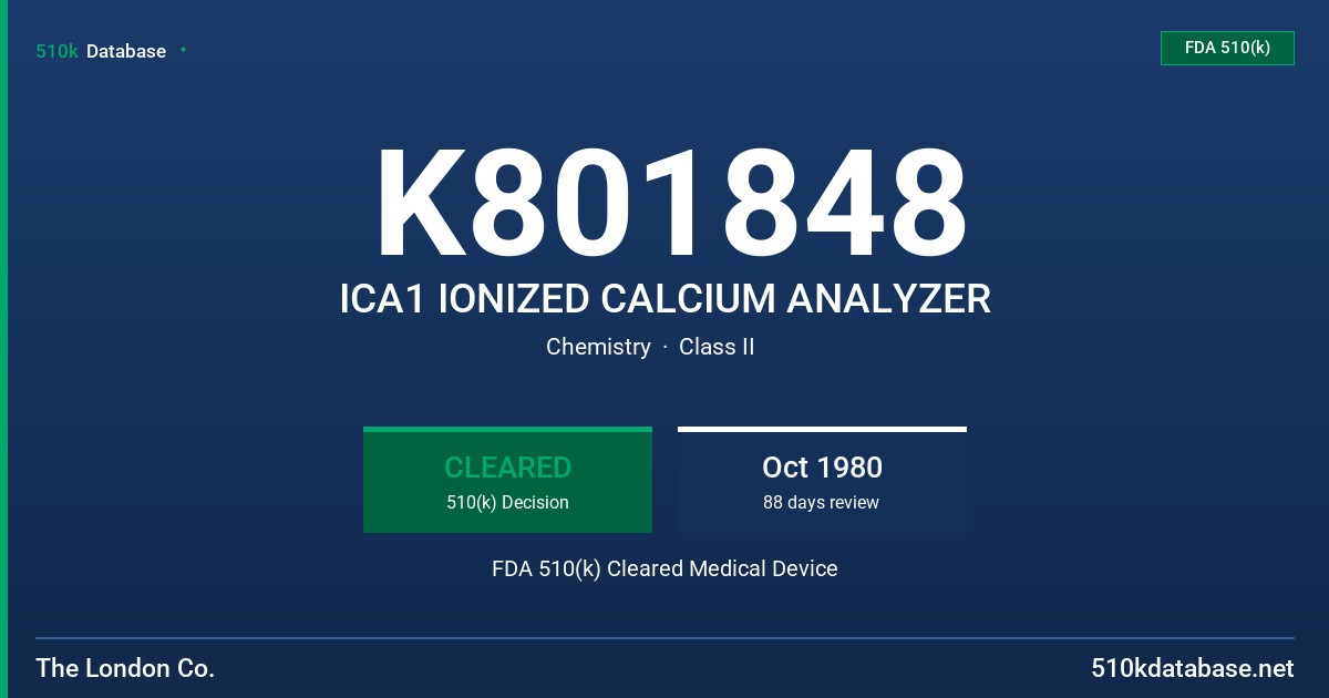 K801848 ICA1 IONIZED CALCIUM ANALYZER FDA 510(k) Cleared Medical Device