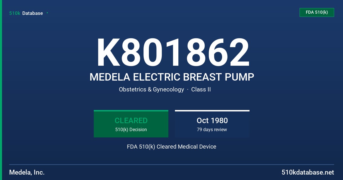 K801862 MEDELA ELECTRIC BREAST PUMP FDA 510(k) Cleared Medical Device