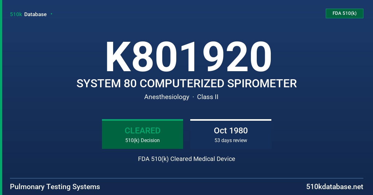 K801920 SYSTEM 80 COMPUTERIZED SPIROMETER FDA 510(k) Cleared Medical Device