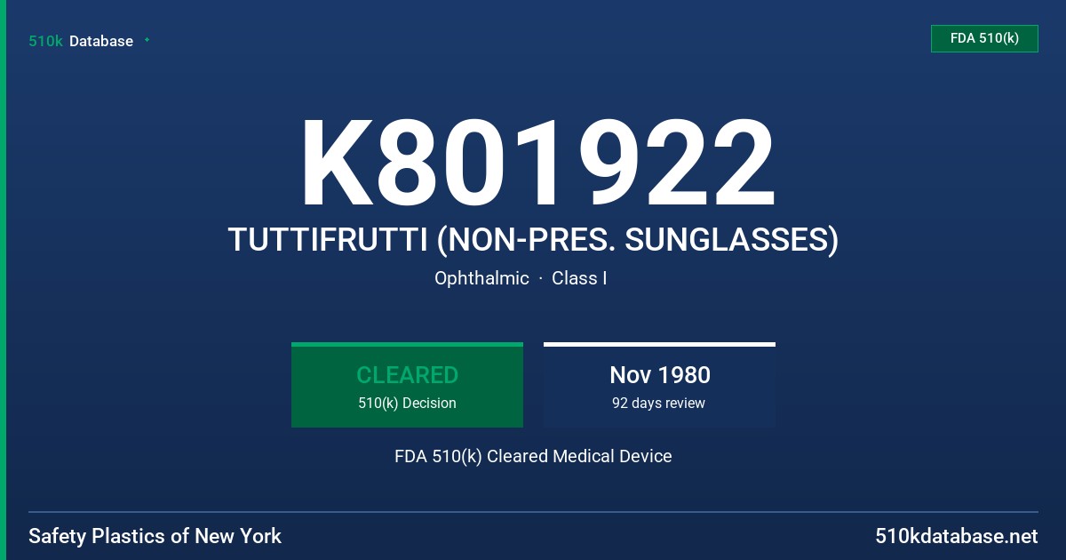 K801922 TUTTIFRUTTI (NON-PRES. SUNGLASSES) FDA 510(k) Cleared Medical Device