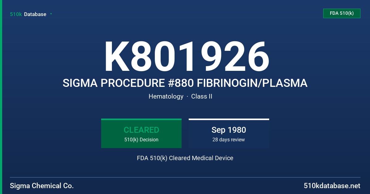 K801926 SIGMA PROCEDURE #880 FIBRINOGIN/PLASMA FDA 510(k) Cleared Medical Device