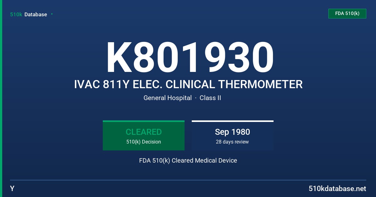 K801930 IVAC 811Y ELEC. CLINICAL THERMOMETER FDA 510(k) Cleared Medical Device