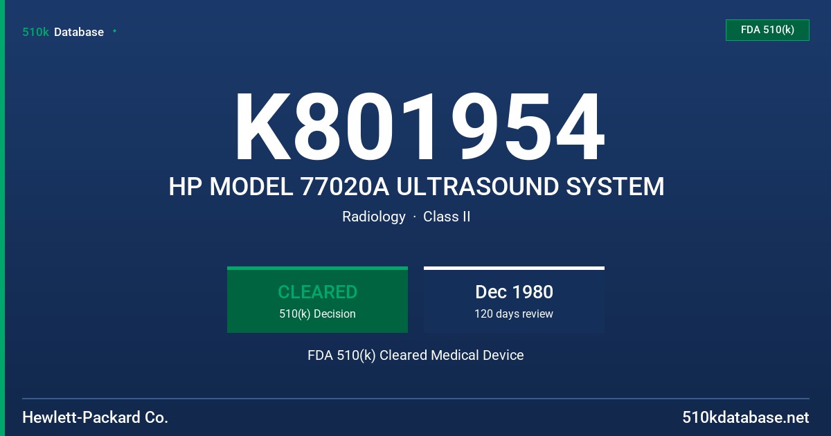 K801954 HP MODEL 77020A ULTRASOUND SYSTEM FDA 510(k) Cleared Medical Device