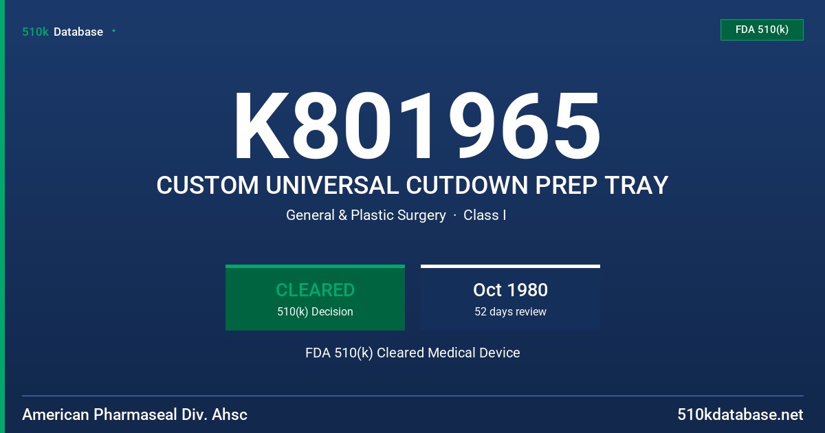 K801965 CUSTOM UNIVERSAL CUTDOWN PREP TRAY FDA 510(k) Cleared Medical Device