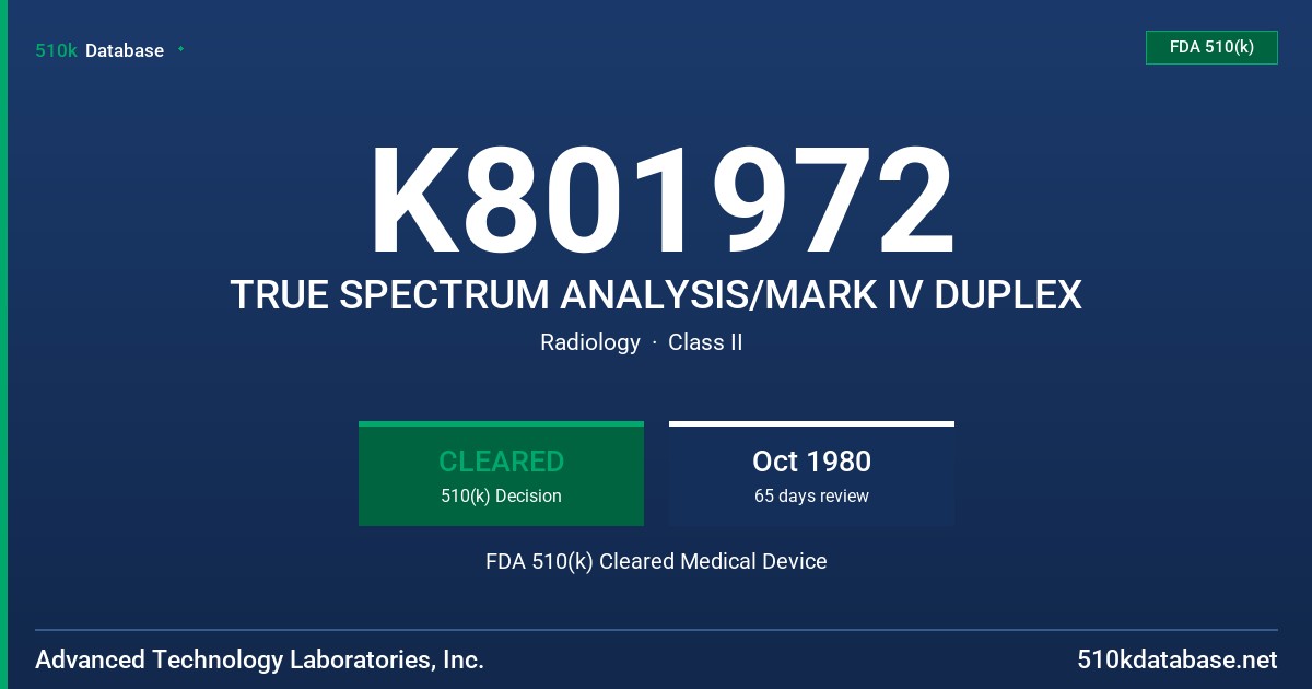 K801972 TRUE SPECTRUM ANALYSIS/MARK IV DUPLEX FDA 510(k) Cleared Medical Device