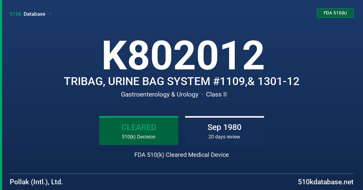 K802012 TRIBAG, URINE BAG SYSTEM #1109,& 1301-12 FDA 510(k) Cleared Medical Device