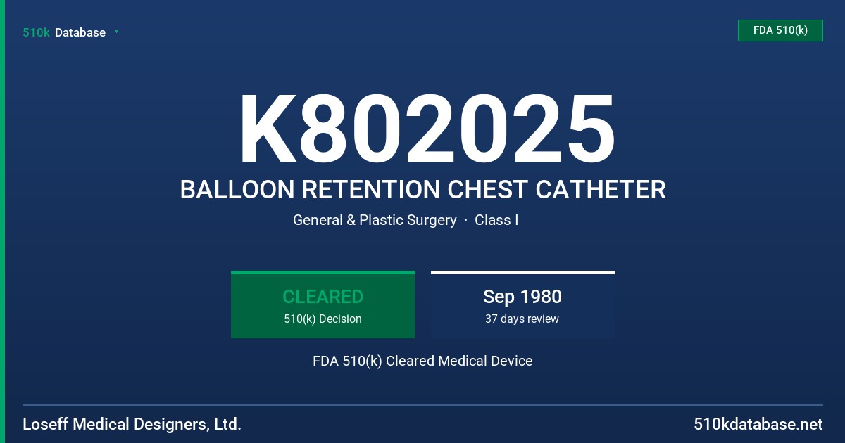 K802025 BALLOON RETENTION CHEST CATHETER FDA 510(k) Cleared Medical Device