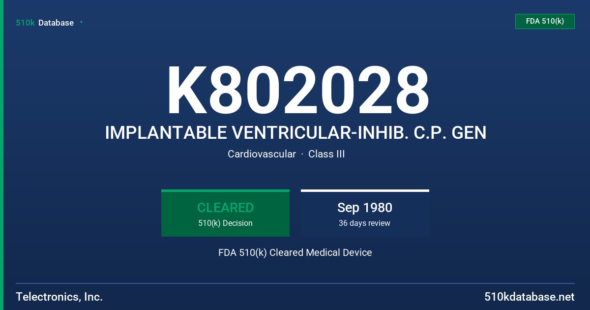 K802028 IMPLANTABLE VENTRICULAR-INHIB. C.P. GEN FDA 510(k) Cleared Medical Device