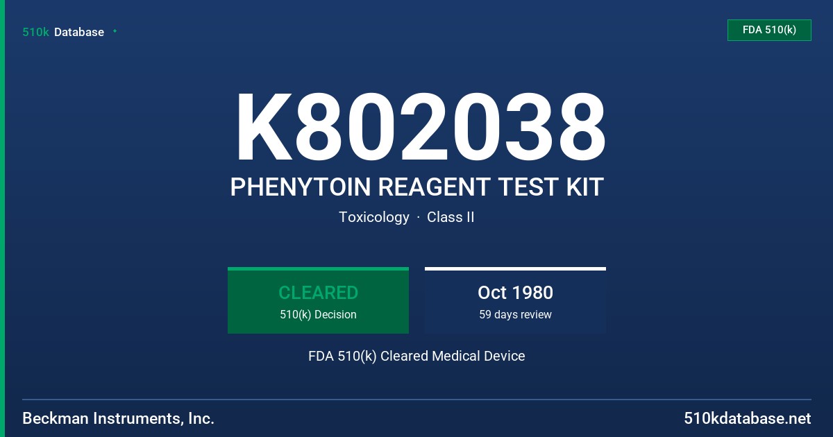 K802038 PHENYTOIN REAGENT TEST KIT FDA 510(k) Cleared Medical Device