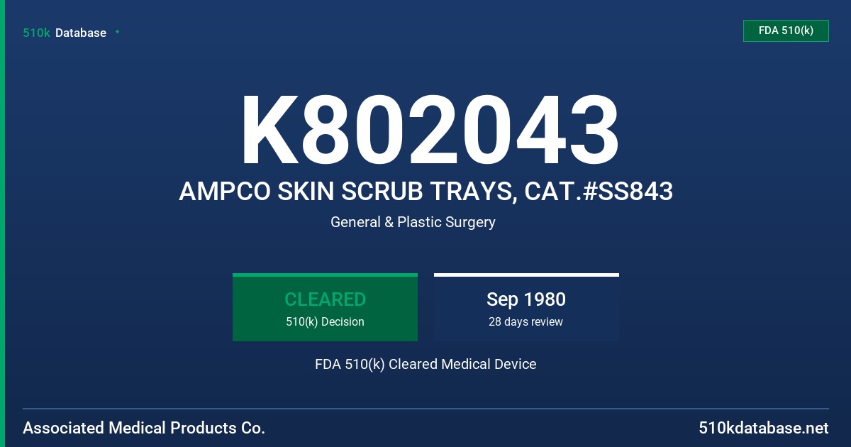 K802043 AMPCO SKIN SCRUB TRAYS, CAT.#SS843 FDA 510(k) Cleared Medical Device