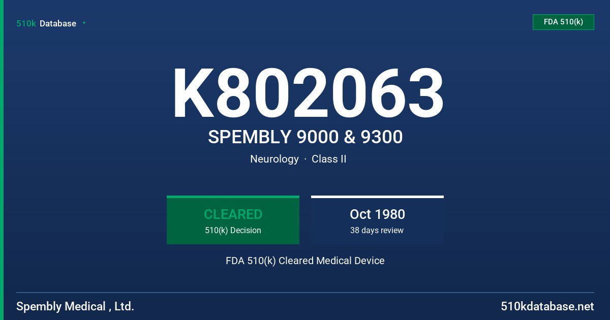 K802063 SPEMBLY 9000 & 9300 FDA 510(k) Cleared Medical Device
