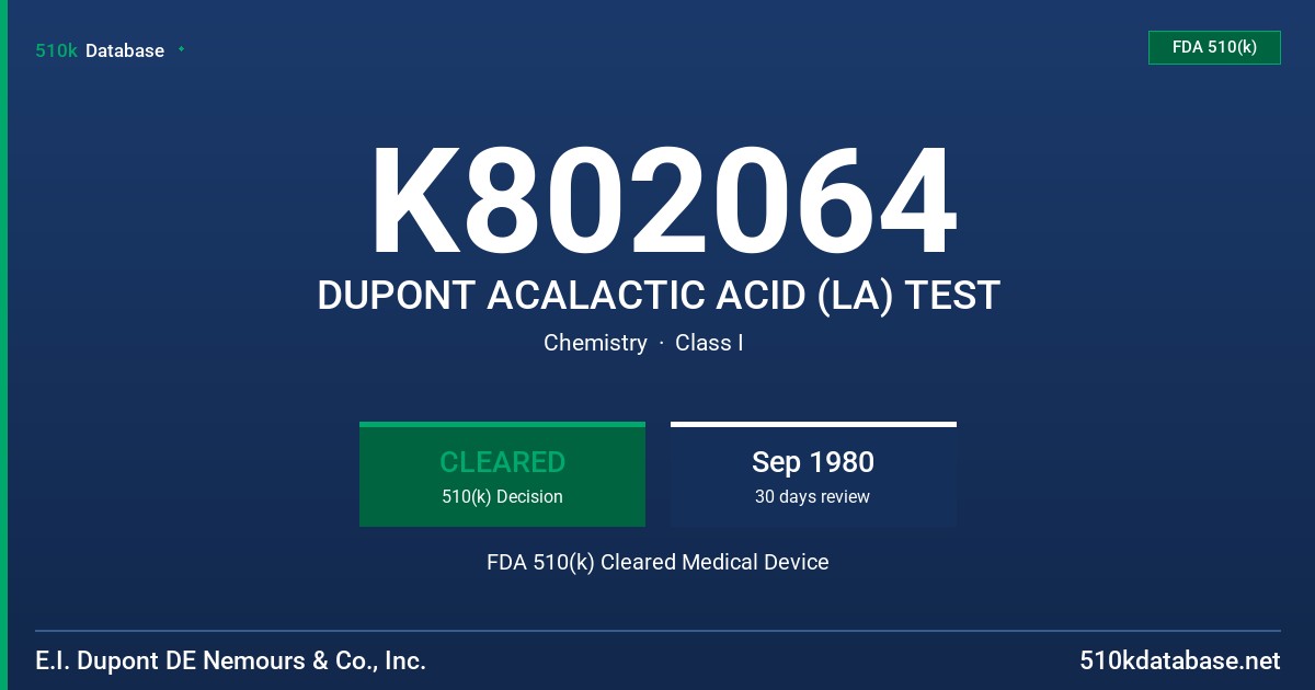 K802064 DUPONT ACALACTIC ACID (LA) TEST FDA 510(k) Cleared Medical Device