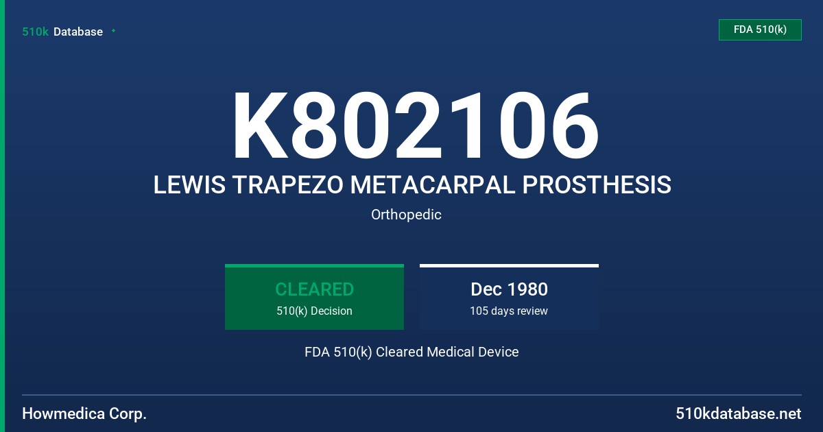 K802106 LEWIS TRAPEZO METACARPAL PROSTHESIS FDA 510(k) Cleared Medical Device