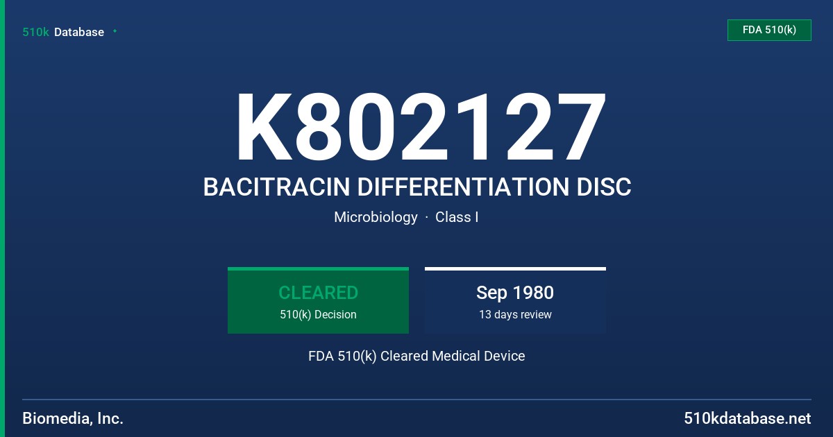K802127 BACITRACIN DIFFERENTIATION DISC FDA 510(k) Cleared Medical Device