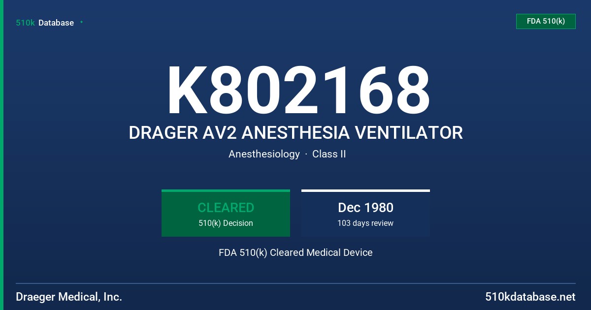 K802168 DRAGER AV2 ANESTHESIA VENTILATOR FDA 510(k) Cleared Medical Device