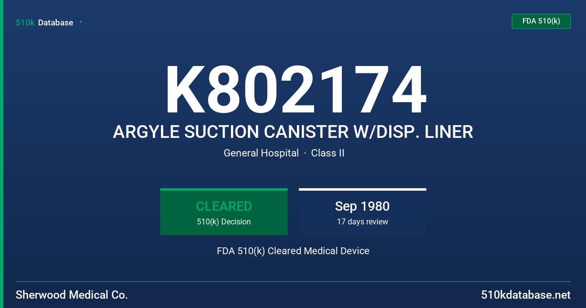 K802174 ARGYLE SUCTION CANISTER W/DISP. LINER FDA 510(k) Cleared Medical Device