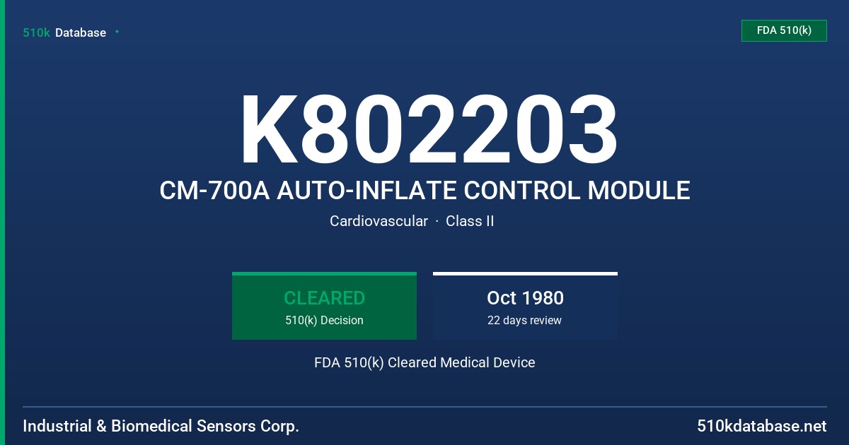 K802203 CM-700A AUTO-INFLATE CONTROL MODULE FDA 510(k) Cleared Medical Device