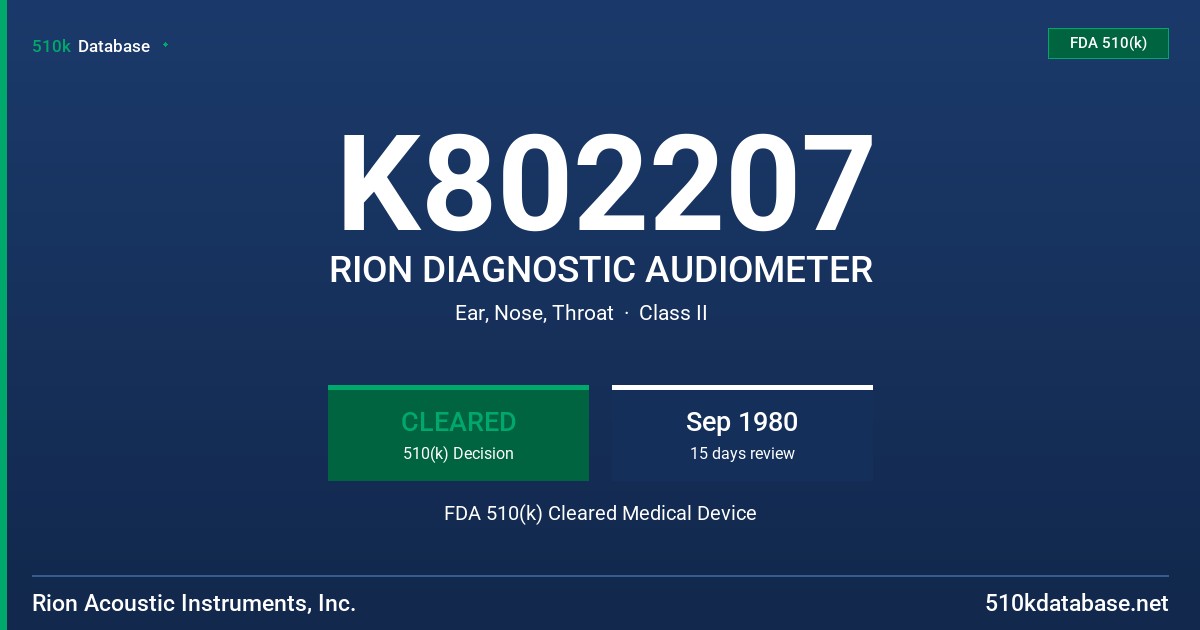 K802207 RION DIAGNOSTIC AUDIOMETER FDA 510(k) Cleared Medical Device