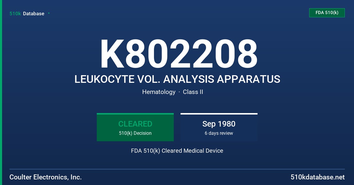 K802208 LEUKOCYTE VOL. ANALYSIS APPARATUS FDA 510(k) Cleared Medical Device