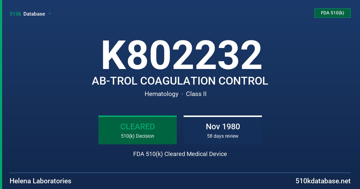 K802232 AB-TROL COAGULATION CONTROL FDA 510(k) Cleared Medical Device