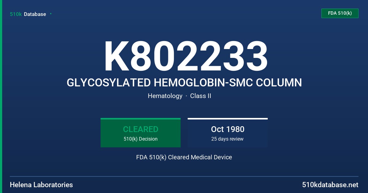 K802233 GLYCOSYLATED HEMOGLOBIN-SMC COLUMN FDA 510(k) Cleared Medical Device