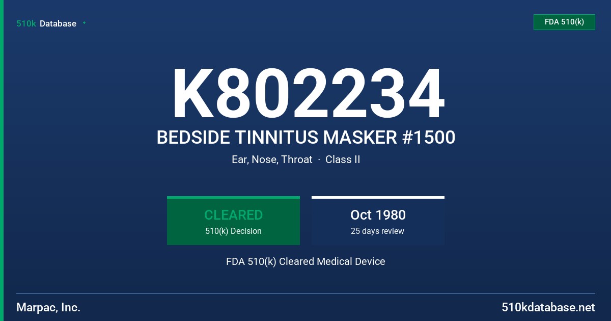 K802234 BEDSIDE TINNITUS MASKER #1500 FDA 510(k) Cleared Medical Device