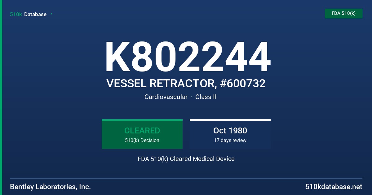 K802244 VESSEL RETRACTOR, #600732 FDA 510(k) Cleared Medical Device