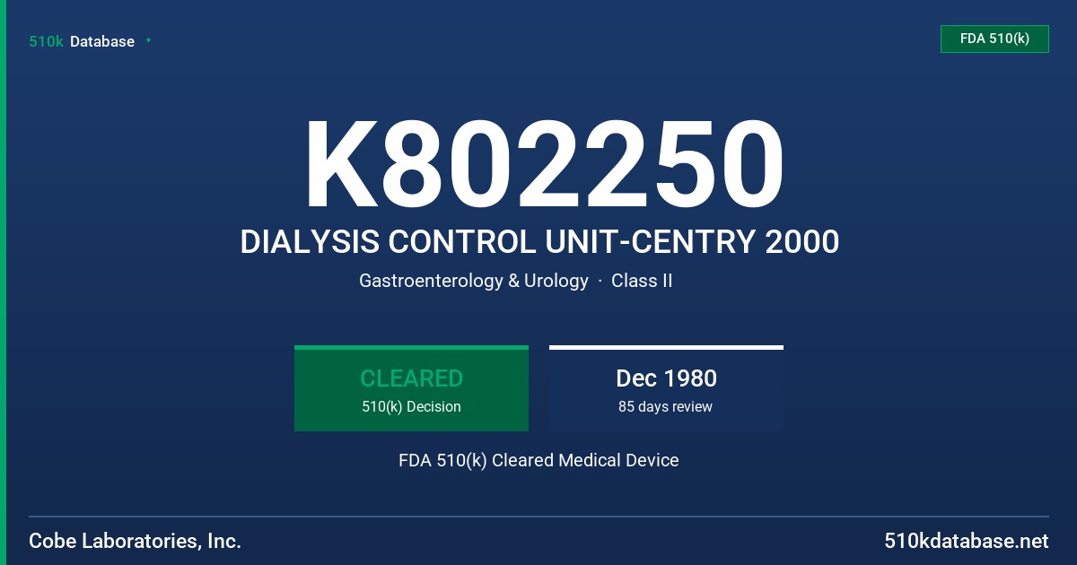 K802250 DIALYSIS CONTROL UNIT-CENTRY 2000 FDA 510(k) Cleared Medical Device